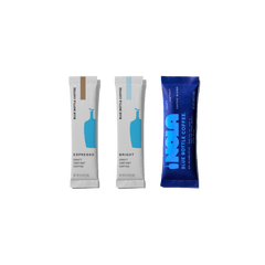three single serve sachets of instant coffee, instant espresso, instant bright coffee and new orleans style instant coffee