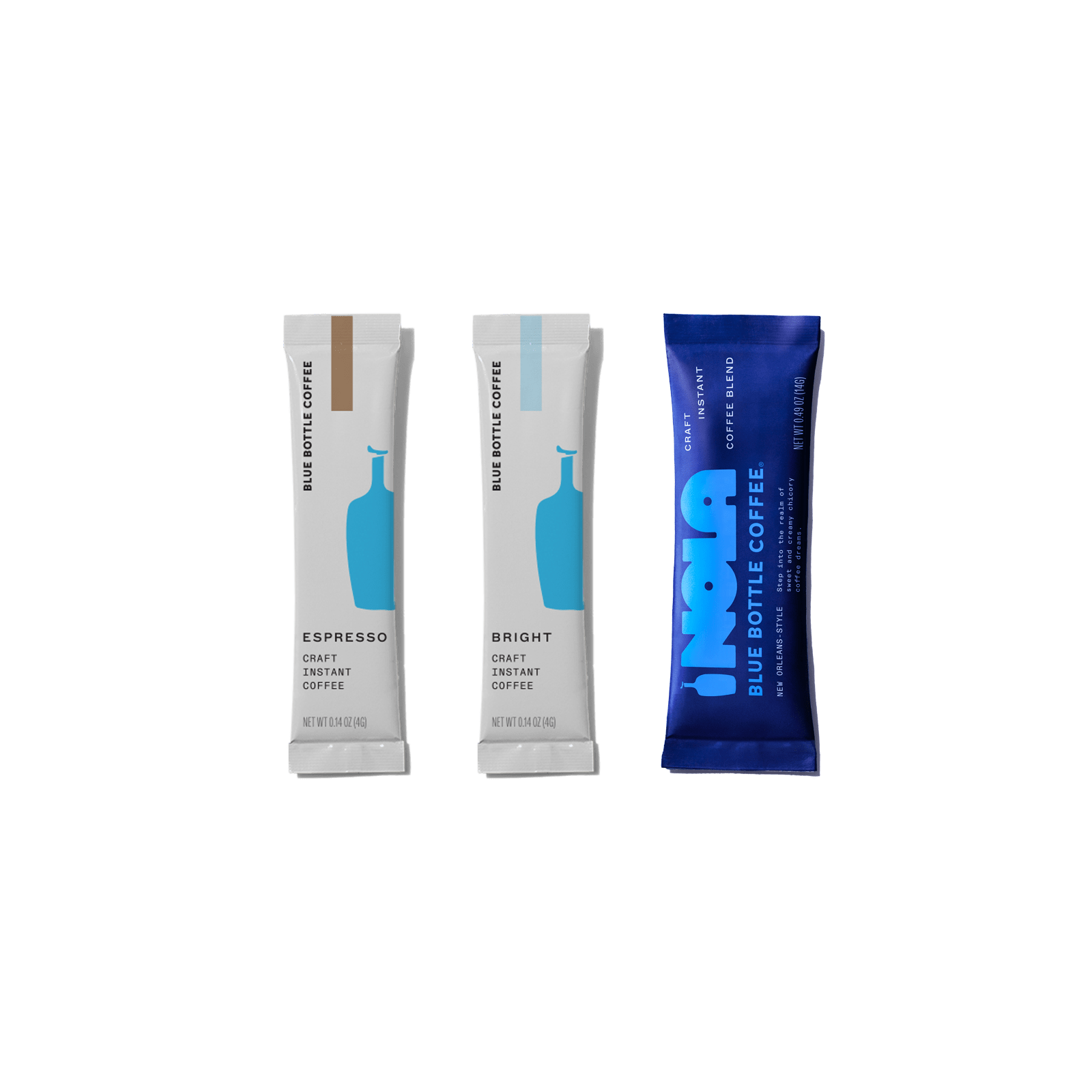 three single serve sachets of instant coffee, instant espresso, instant bright coffee and new orleans style instant coffee